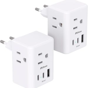 2 Pack European Travel Plug Adapter, International Power Plug Adapter with 3 Outlets 3 USB Charging Ports(2 USB C), Type C Plug Adapter Travel Essentials to Most Europe EU Spain Italy France Germany