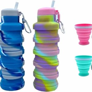 Collapsible Water Bottles 2 Pack with Collapsible Cup，17OZ BPA Free Leak-Proof Silicone Foldable Water Bottle for Travel Gym Camping Hiking (Camouflage Blue + Camouflage Pink)