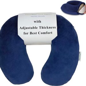 Memory Foam Neck Pillow - Adjustable Thickness for Best Comfort, Dark Blue